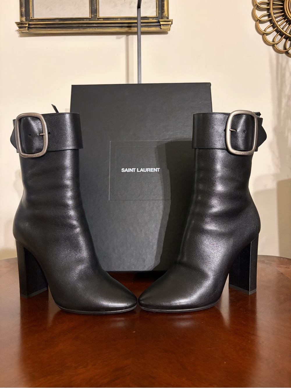 Saint Laurent DY 529330 Black Leather Buckle Ankle Boots Size 37